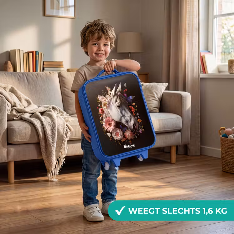Wit paardenhoofd tussen kleurrijke bloemenkrans Kinderkoffer - Blauw klein -sfeer2_NL