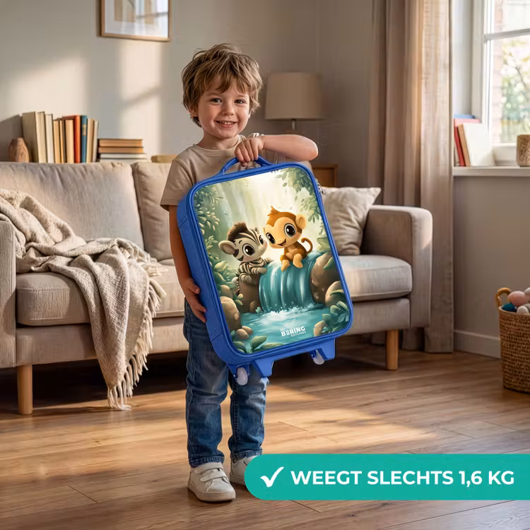 Zebra - Aapje - Waterval - Rotsen Kinderkoffer - Blauw klein -sfeer2_NL
