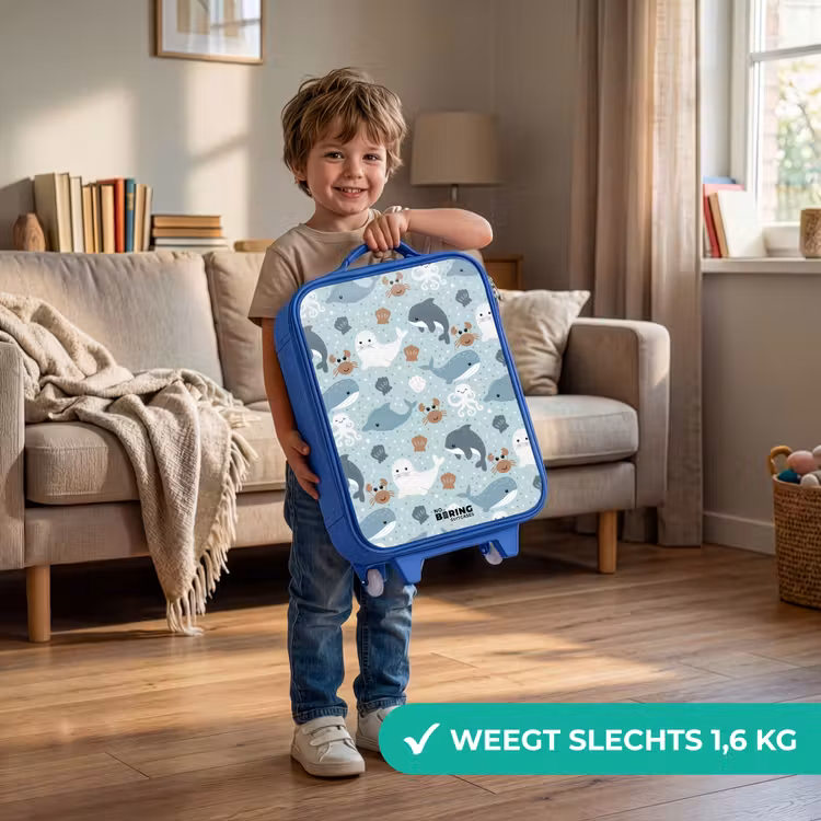 Zeedierenpatroon met dolfijnen, zeehonden en krabben Kinderkoffer - Blauw klein -sfeer2_NL