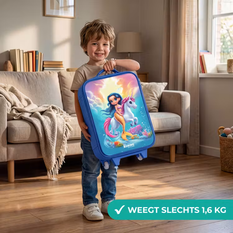 Zeemeermin met gouden staart met een witte eenhoorn Kinderkoffer - Blauw klein -sfeer2_NL