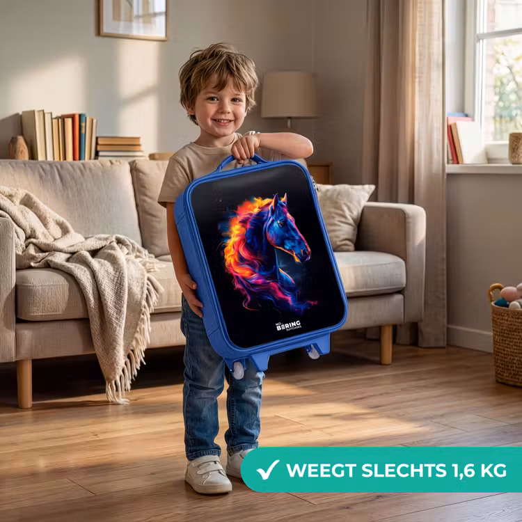 Zijaanzicht van een paard met vurige manen Kinderkoffer - Blauw klein -sfeer2_NL