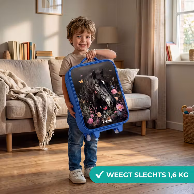 Zwart paard in bloei Kinderkoffer - Blauw klein -sfeer2_NL