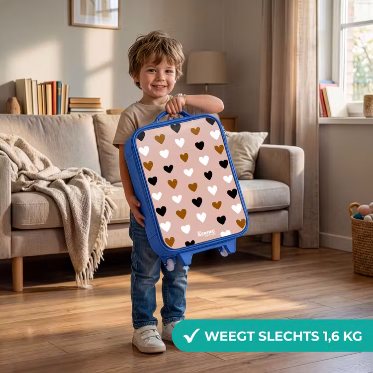 Zwart, wit en bruin hartjespatroon op oudroze achtergrond Kinderkoffer - Blauw klein -sfeer2_NL