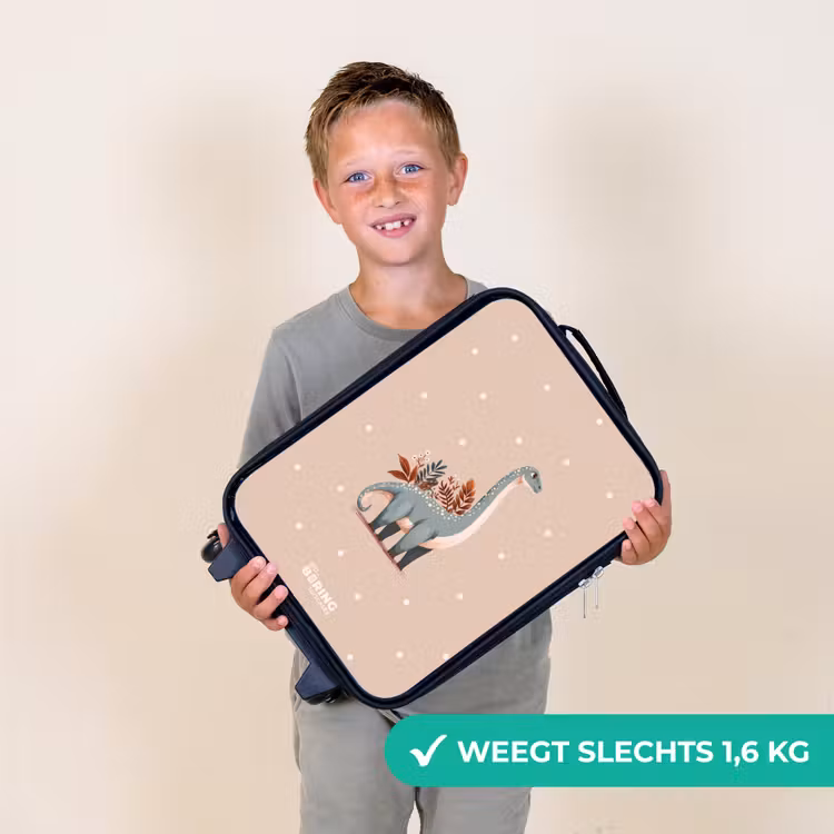 Blauwe dinosaurus op een beige stippenachtergrond Kinderkoffer - Zwart klein -sfeer4_NL