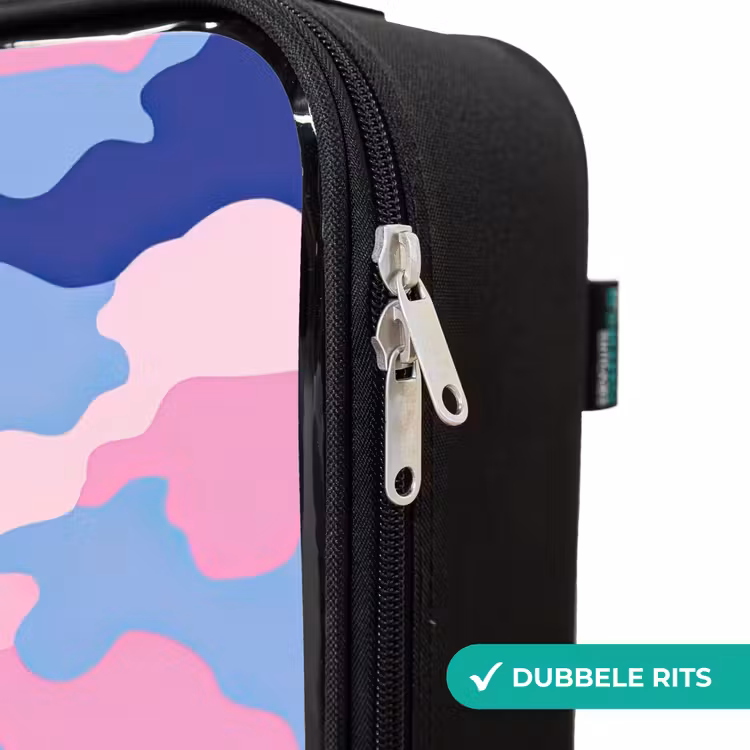 Camouflage - Roze - Blauw Kinderkoffer - Zwart klein -rits_NL