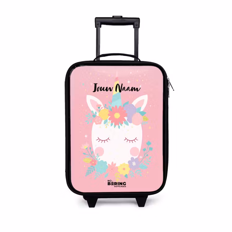 Eenhoorn - Bloemen - Roze Kinderkoffer - Zwart klein -3d
