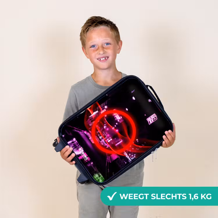 Felrode cirkel boven een neonverlichte stad Kinderkoffer - Zwart klein -sfeer4_NL