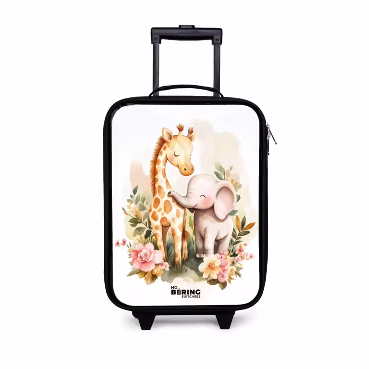 Giraffe en olifant tussen bloemen op witte achtergrond Kinderkoffer - Zwart klein -3d
