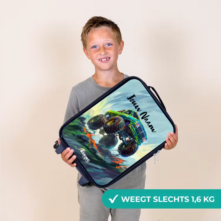 Groene Monstertruck met Penseelstreken Kinderkoffer - Zwart klein -sfeer4_NL