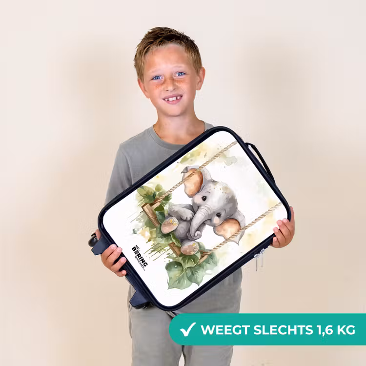 Jong olifantje op een schommel waterverf tekening Kinderkoffer - Zwart klein -sfeer4_NL