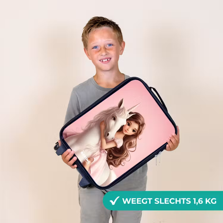 Meisje met witte eenhoorn op roze achtergrond Kinderkoffer - Zwart klein -sfeer4_NL