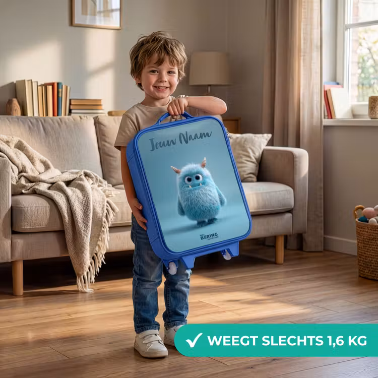 Blauw pluizig monster met hoorns Kinderkoffer - Blauw klein -sfeer2_NL