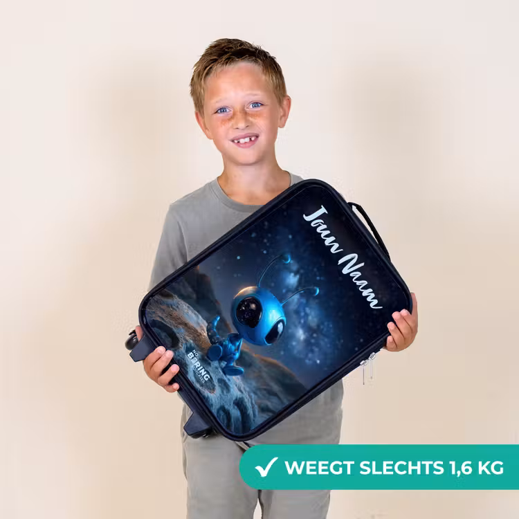 Blauw buitenaards wezentje onder sterrenhemel Kinderkoffer - Zwart klein -sfeer4_NL