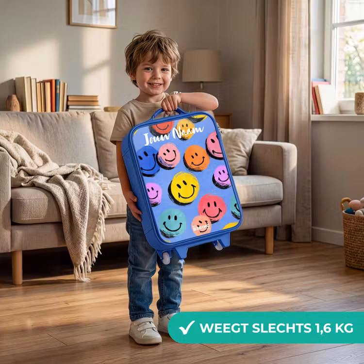 Een speels en kunstzinnig patroon van kleurrijke smileys Kinderkoffer - Blauw klein -sfeer2_NL