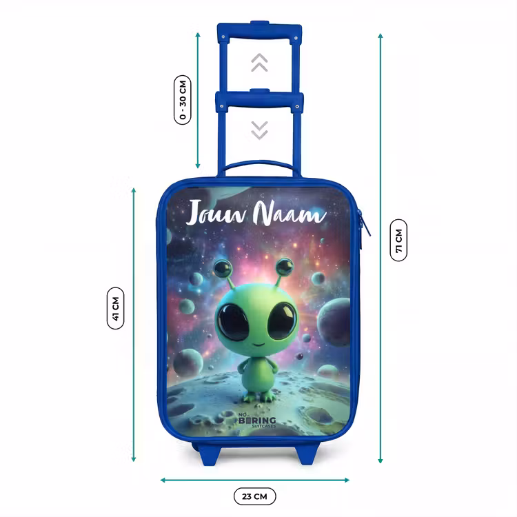 Groen buitenaards wezentje op maanlandschap Kinderkoffer - Blauw klein -productfoto_formaten