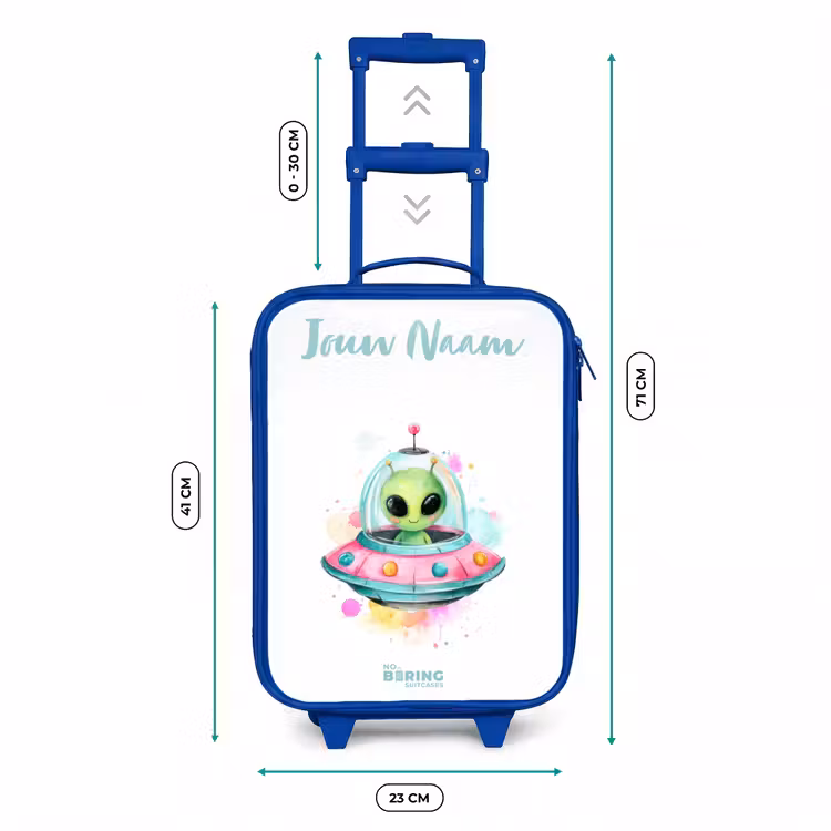 Groene alien in kleurrijke UFO Kinderkoffer - Blauw klein -productfoto_formaten