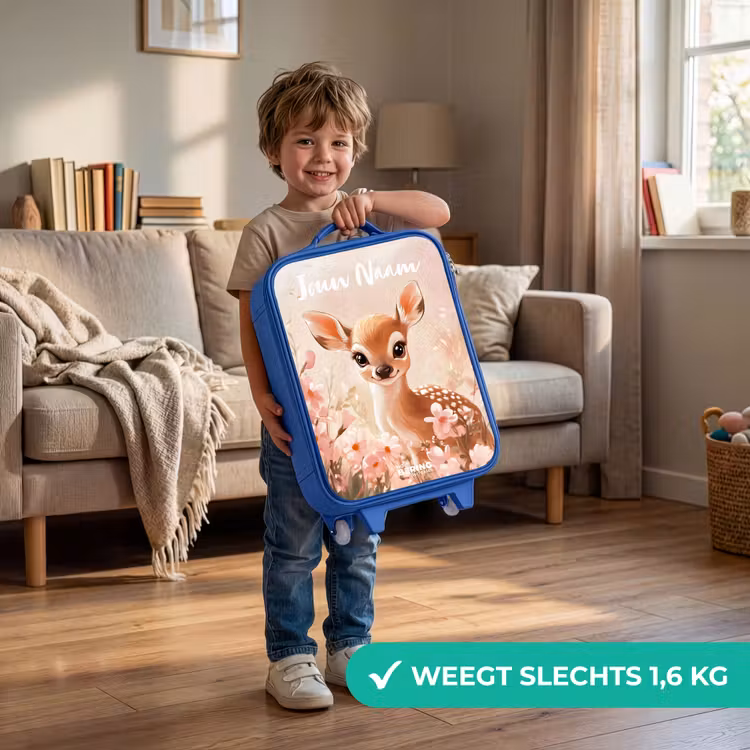 Hertje - Bloemen - Stippen - Roze Kinderkoffer - Blauw klein -sfeer2_NL