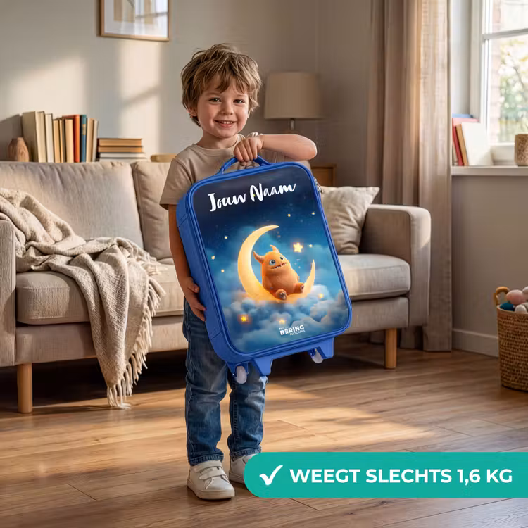 Oranje monster op maansikkel Kinderkoffer - Blauw klein -sfeer2_NL