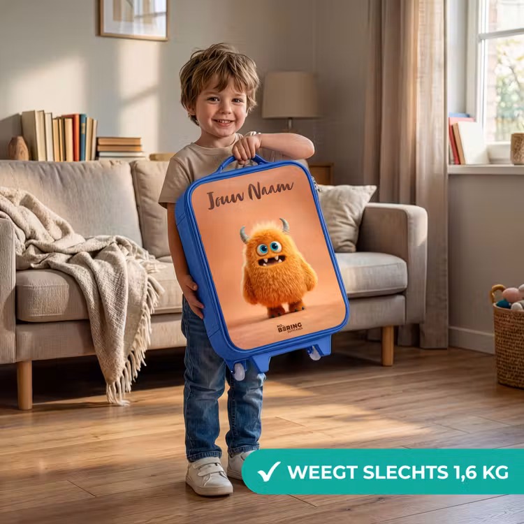Oranje Pluizig Monster met Hoorns Kinderkoffer - Blauw klein -sfeer2_NL