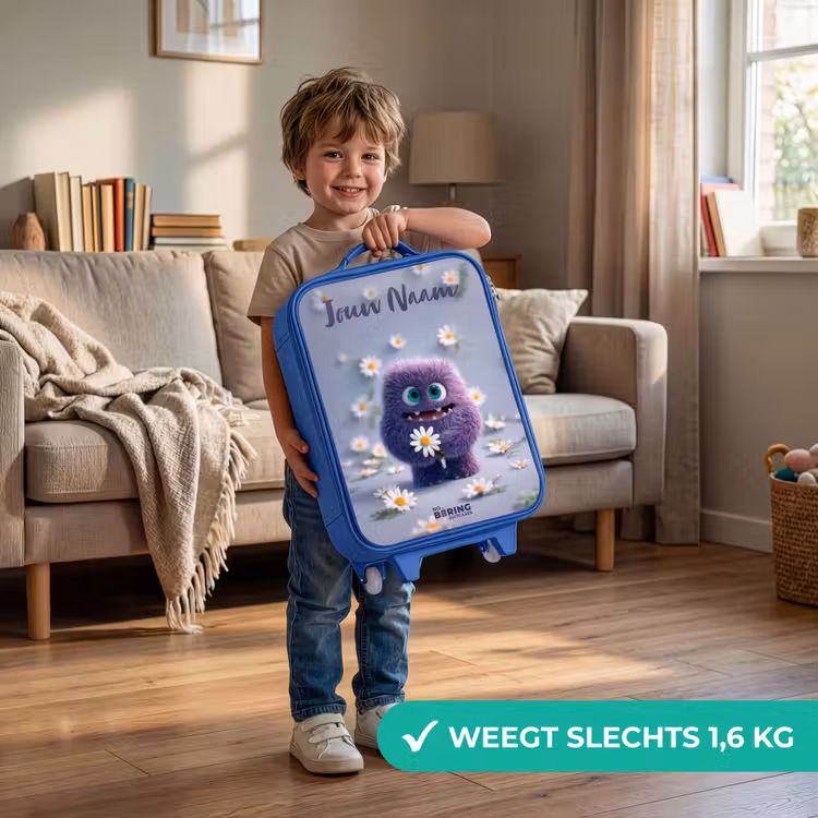 Paars Pluizig Vriendje met Madelief Kinderkoffer - Blauw klein -sfeer2_NL