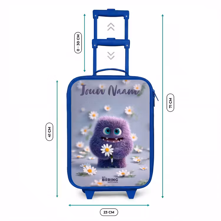 Paars Pluizig Vriendje met Madelief Kinderkoffer - Blauw klein -productfoto_formaten
