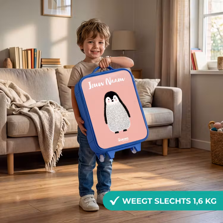 Pinguïn - Stippen - Roze - Minimalistisch Kinderkoffer - Blauw klein -sfeer2_NL
