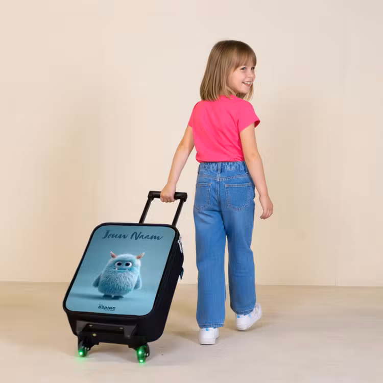 Blauw pluizig monster met hoorns Kinderkoffer - Zwart klein -sfeer1
