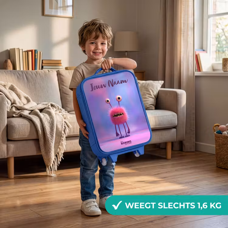 Roze harig monster met grote ogen Kinderkoffer - Blauw klein -sfeer2_NL