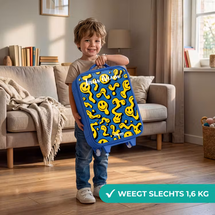Smiley - Geel - Blauw Kinderkoffer - Blauw klein -sfeer2_NL