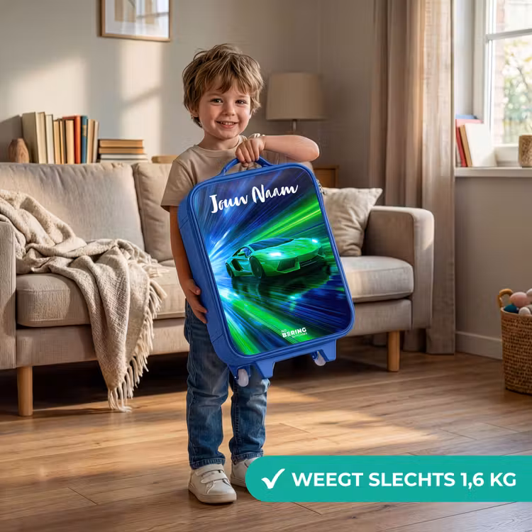 Sportauto - Groen - Snelheidslijnen - Neon Kinderkoffer - Blauw klein -sfeer2_NL