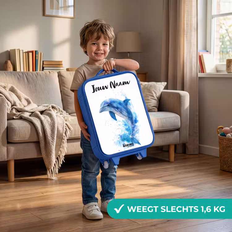 Springende blauwe dolfijn Kinderkoffer - Blauw klein -sfeer2_NL
