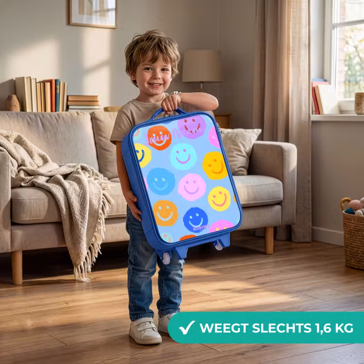 Vrolijk patroon van smileys Kinderkoffer - Blauw klein -sfeer2_NL