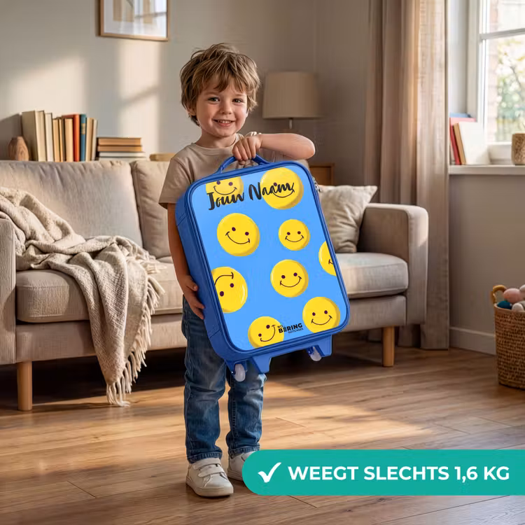 Vrolijke smileyregen Kinderkoffer - Blauw klein -sfeer2_NL