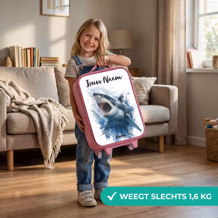 Aanvallende haai in waterverf Kinderkoffer - Roze klein -sfeer2_NL