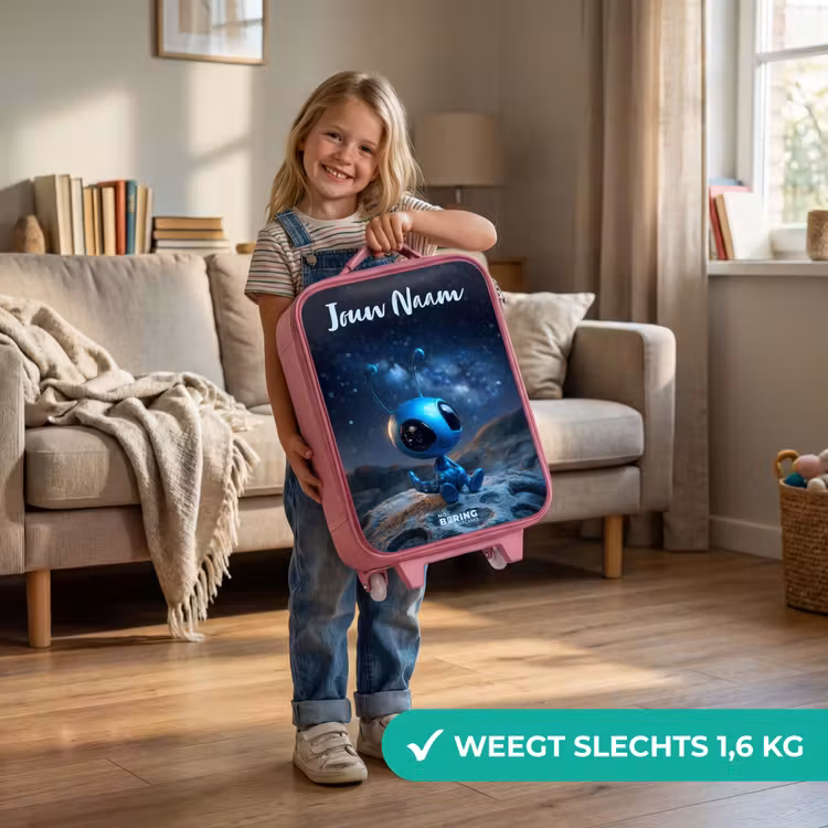 Blauw buitenaards wezentje onder sterrenhemel Kinderkoffer - Roze klein -sfeer2_NL