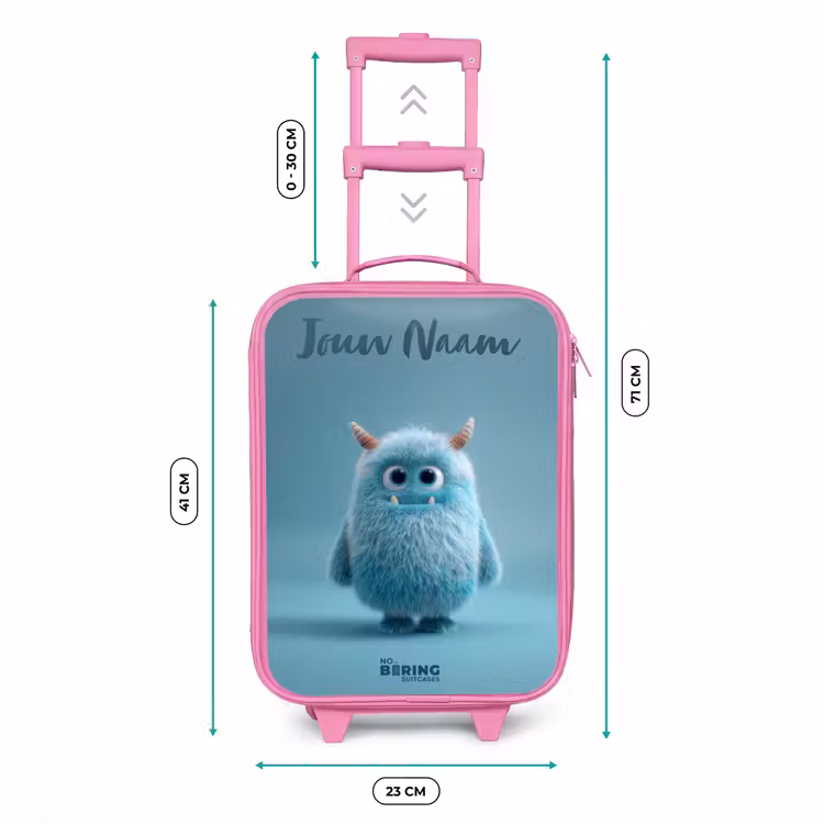 Blauw pluizig monster met hoorns Kinderkoffer - Roze klein -productfoto_formaten