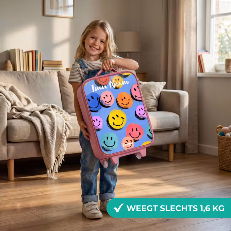 Een speels en kunstzinnig patroon van kleurrijke smileys Kinderkoffer - Roze klein -sfeer2_NL