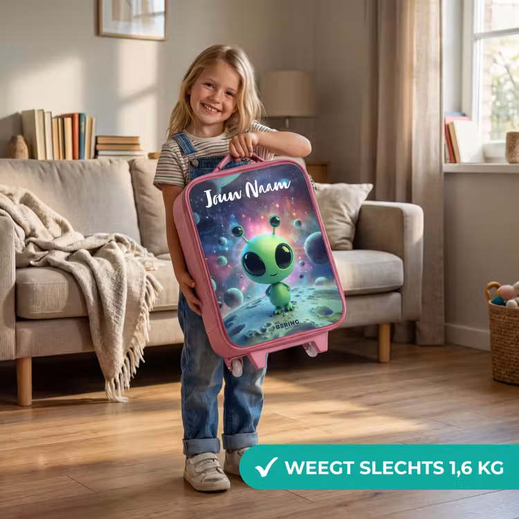 Groen buitenaards wezentje op maanlandschap Kinderkoffer - Roze klein -sfeer2_NL