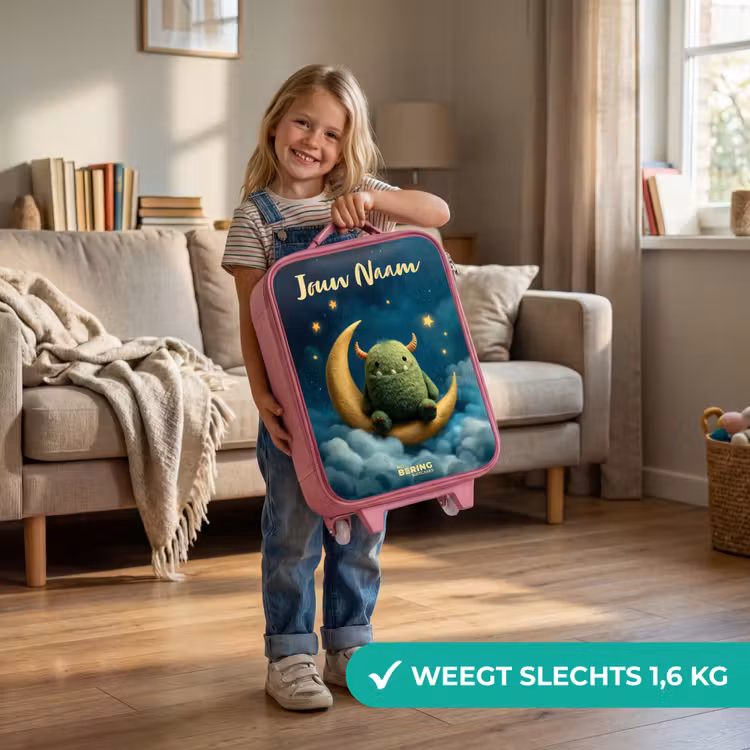 Groen monster op maansikkel Kinderkoffer - Roze klein -sfeer2_NL