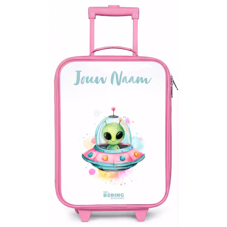Groene alien in kleurrijke UFO Kinderkoffer - Roze klein -zz3dotto