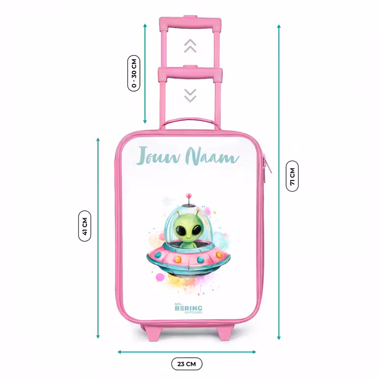 Groene alien in kleurrijke UFO Kinderkoffer - Roze klein -productfoto_formaten