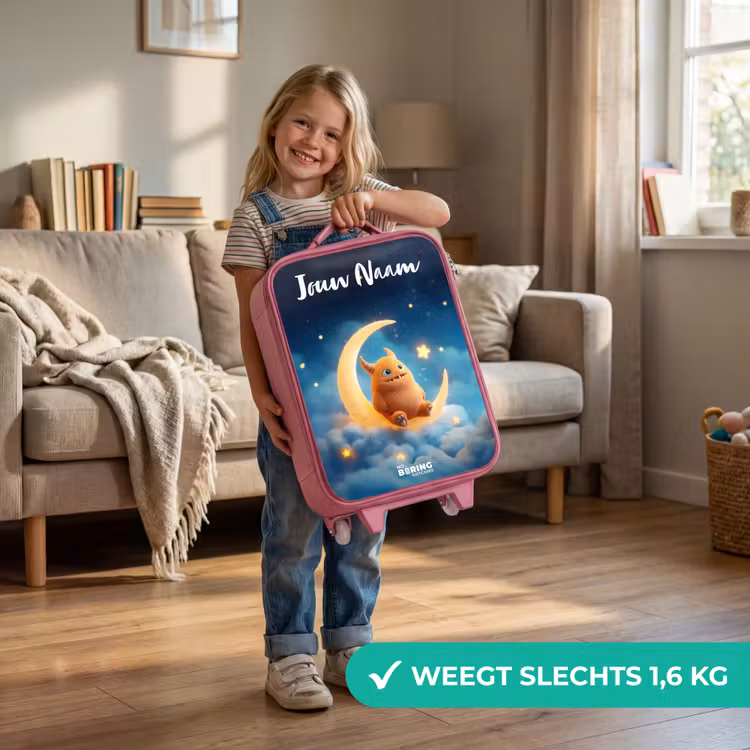 Oranje monster op maansikkel Kinderkoffer - Roze klein -sfeer2_NL