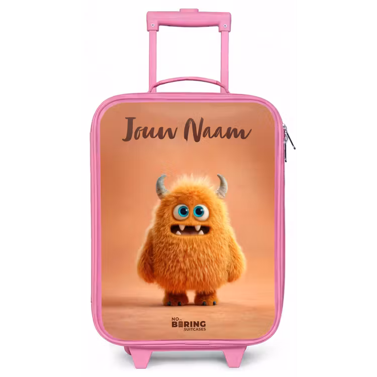 Oranje Pluizig Monster met Hoorns Kinderkoffer - Roze klein -zz3dotto