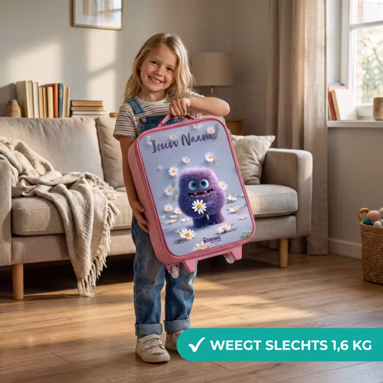 Paars Pluizig Vriendje met Madelief Kinderkoffer - Roze klein -sfeer2_NL
