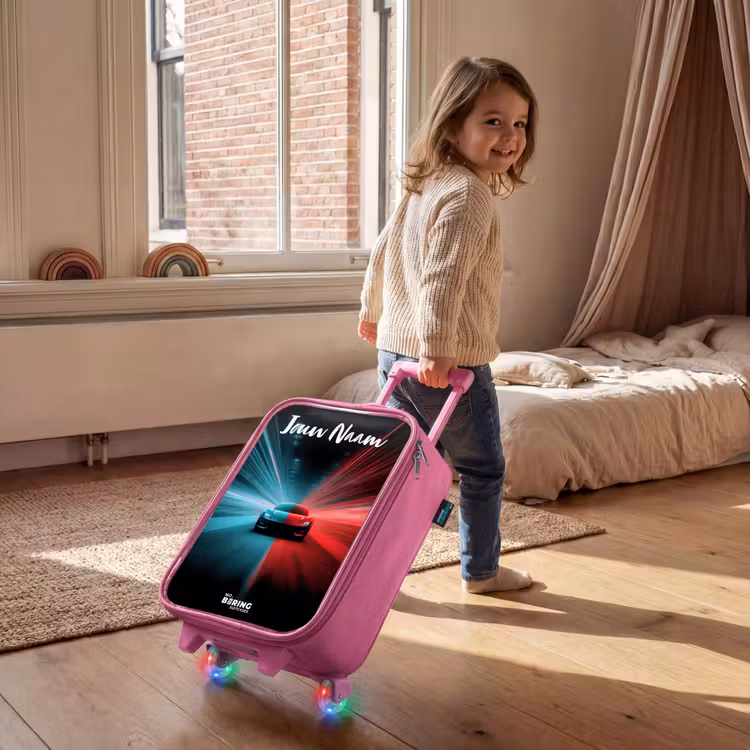 Sportauto - Blauw - Neon - Stad Kinderkoffer - Roze klein -sfeer1