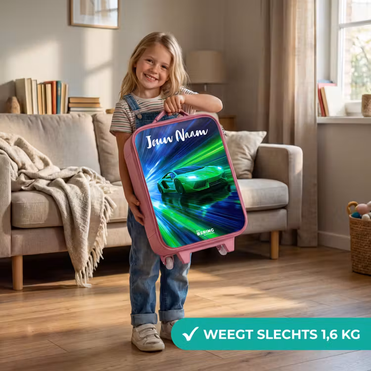 Sportauto - Groen - Snelheidslijnen - Neon Kinderkoffer - Roze klein -sfeer2_NL