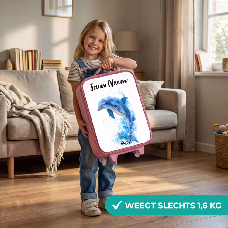 Springende blauwe dolfijn Kinderkoffer - Roze klein -sfeer2_NL