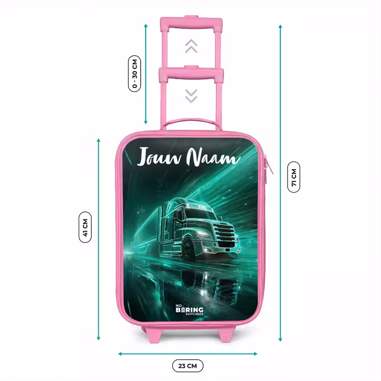 Vrachtwagen - Stad - Groen - Neon Kinderkoffer - Roze klein -productfoto_formaten
