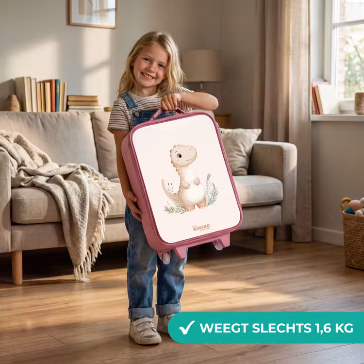 Beige dinosaurus met groene blaadjes Kinderkoffer - Roze klein -sfeer2_NL
