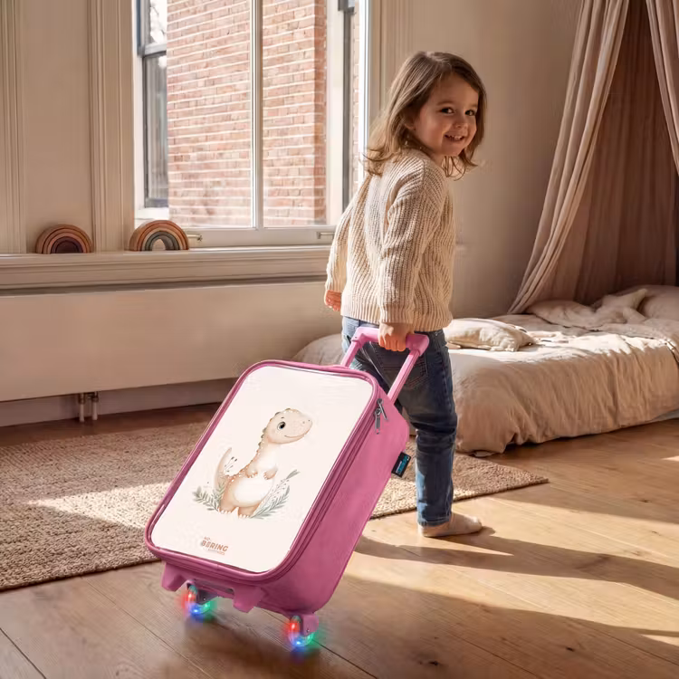 Beige dinosaurus met groene blaadjes Kinderkoffer - Roze klein -sfeer1